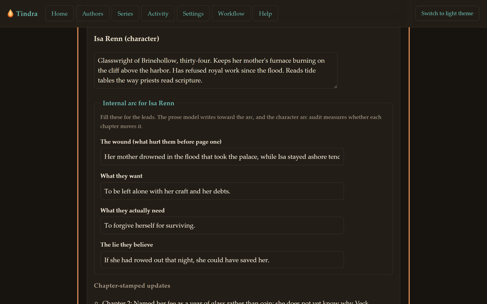 A story bible entry for a lead character showing four labelled fields: the wound that hurt her before page one, what she wants, what she actually needs, and the lie she believes.